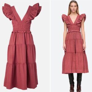 SEA Sevyn Tiered Seersucker Midi Dress Size 8- Rose (NWOT)